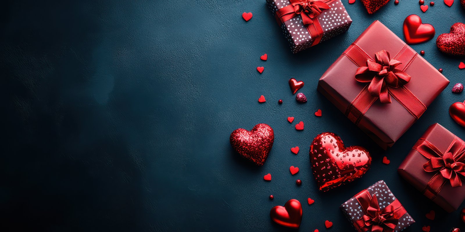 Festive arrangement of red and patterned gifts with heart shapes for a special celebration on a dark background